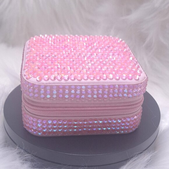 Small Pink Jewelry Box with Dazzling Aurora Pink Rhinestones, Bling, Bedazzle - Picture 3 of 9